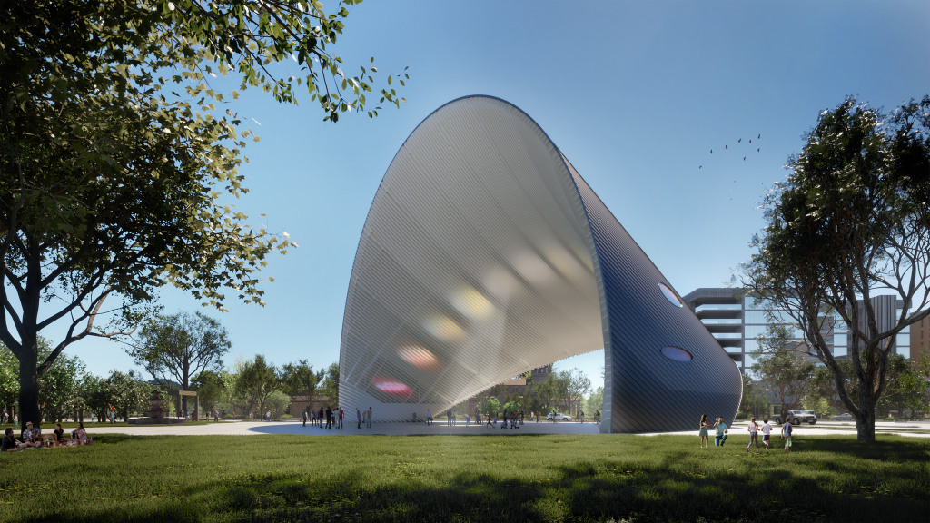 Rendering of Arco del Tiempo, a large arch-shaped public artwork in Guadalupe Plaza Park, Houston