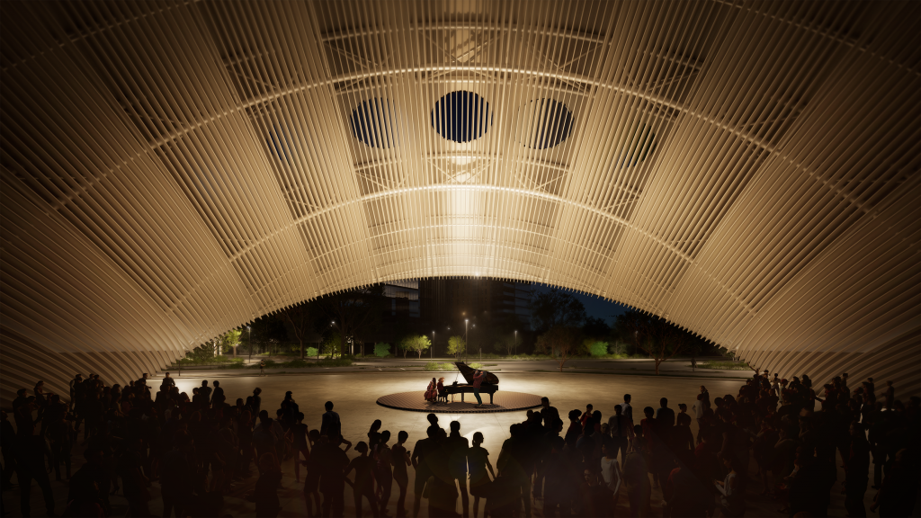 Night rendering of Arch of Time, a large arch-shaped public artwork in Houston.