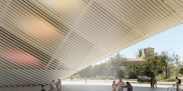 Rendering of Arco del Tiempo, a large arch-shaped public artwork in Guadalupe Plaza Park, Houston