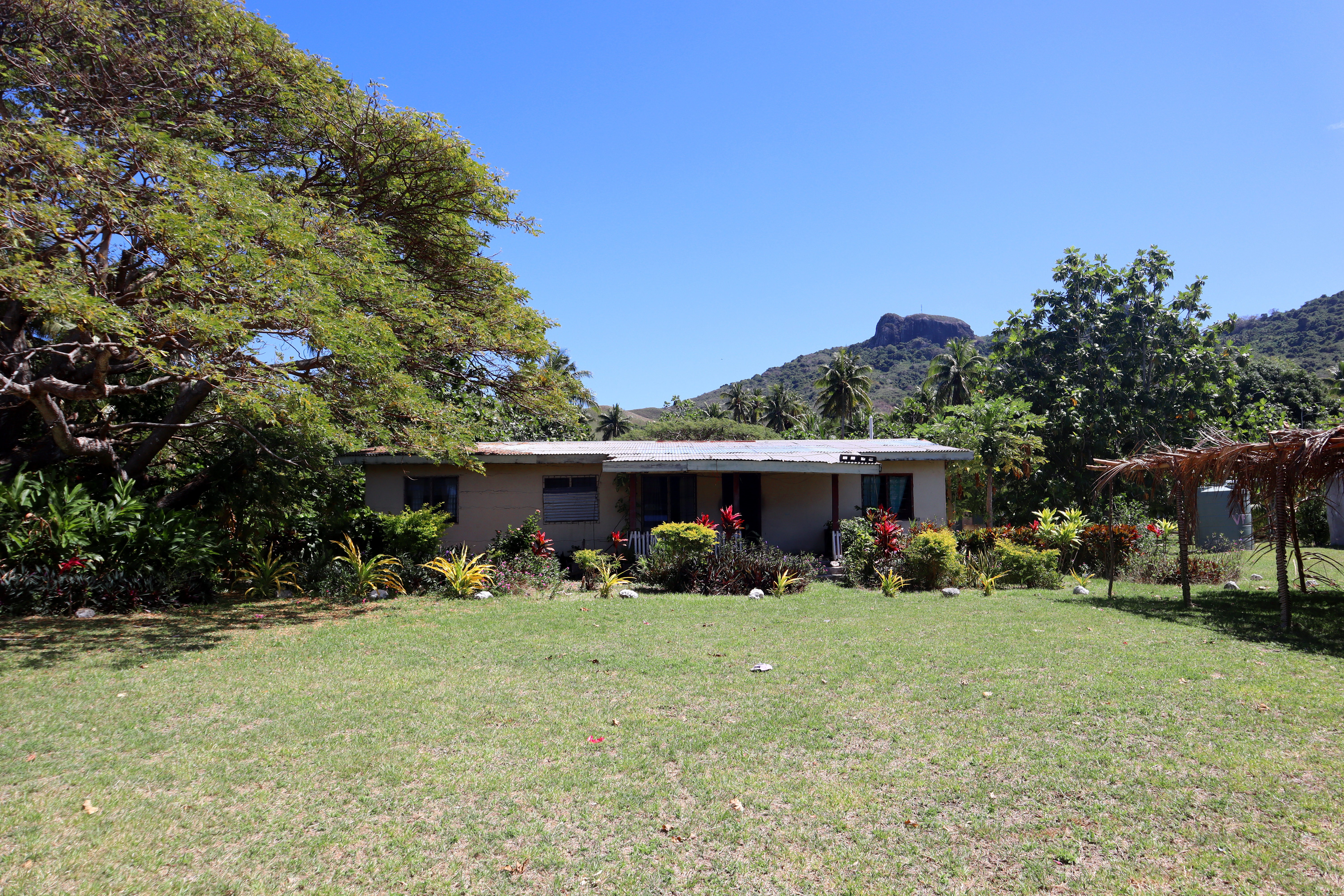 A one-story house in Marou Village Fiji with the mountain rising in the background and a large shade tree to the left.