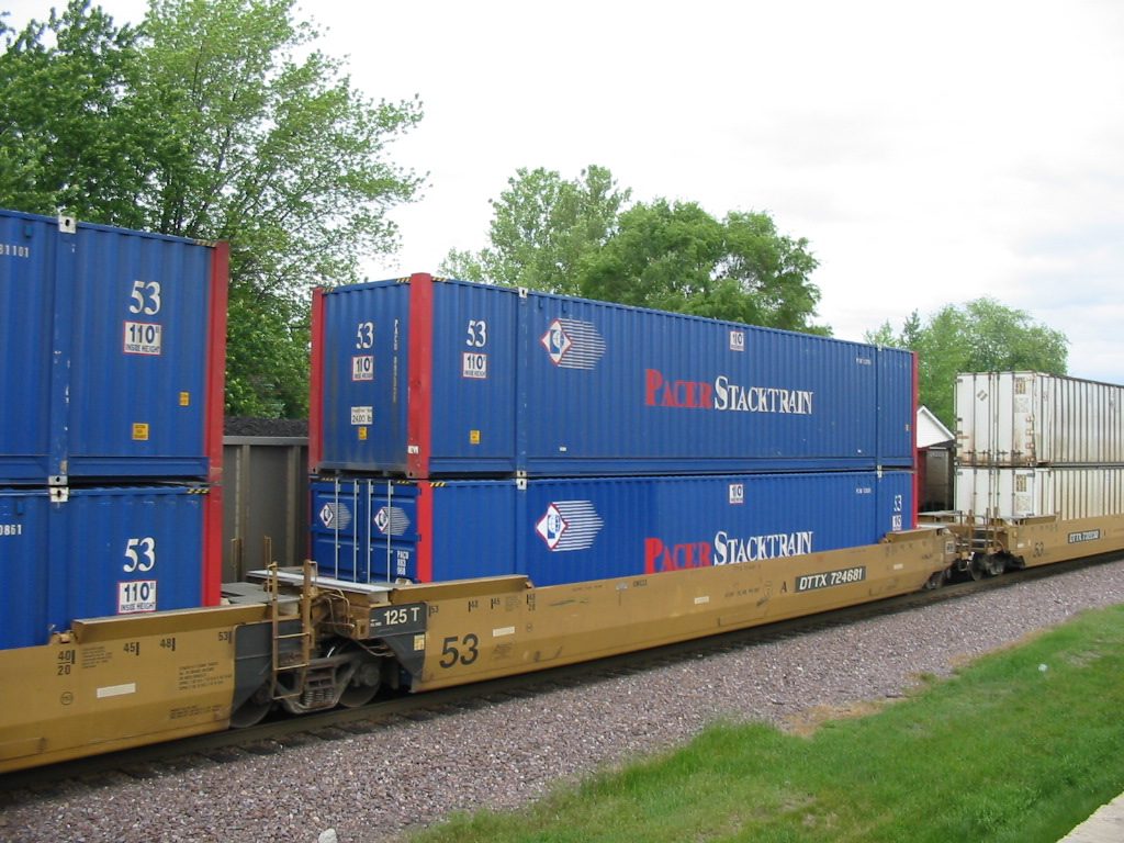 Intermodal containers stacked two tall on a train car