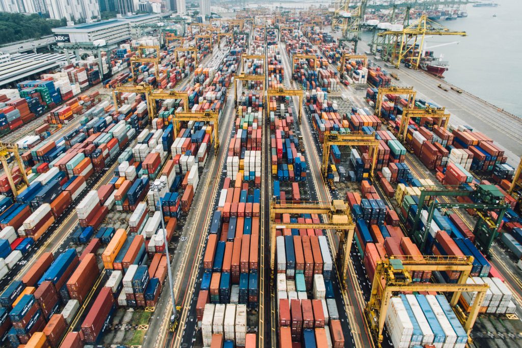 Aerial photo of a large port full of intermodal shipping containers