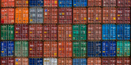 End view of stacked shipping containers