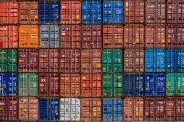 End view of stacked shipping containers