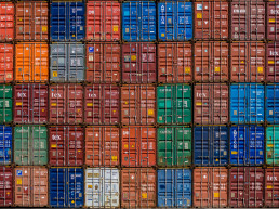 End view of stacked shipping containers