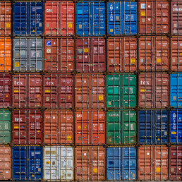End view of stacked shipping containers