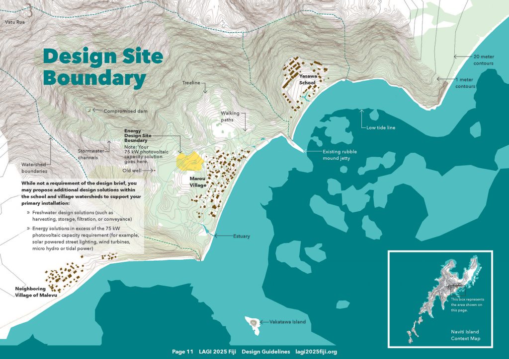 Illustrated map showing the parameters of the LAGI 2025 fiji design competition.