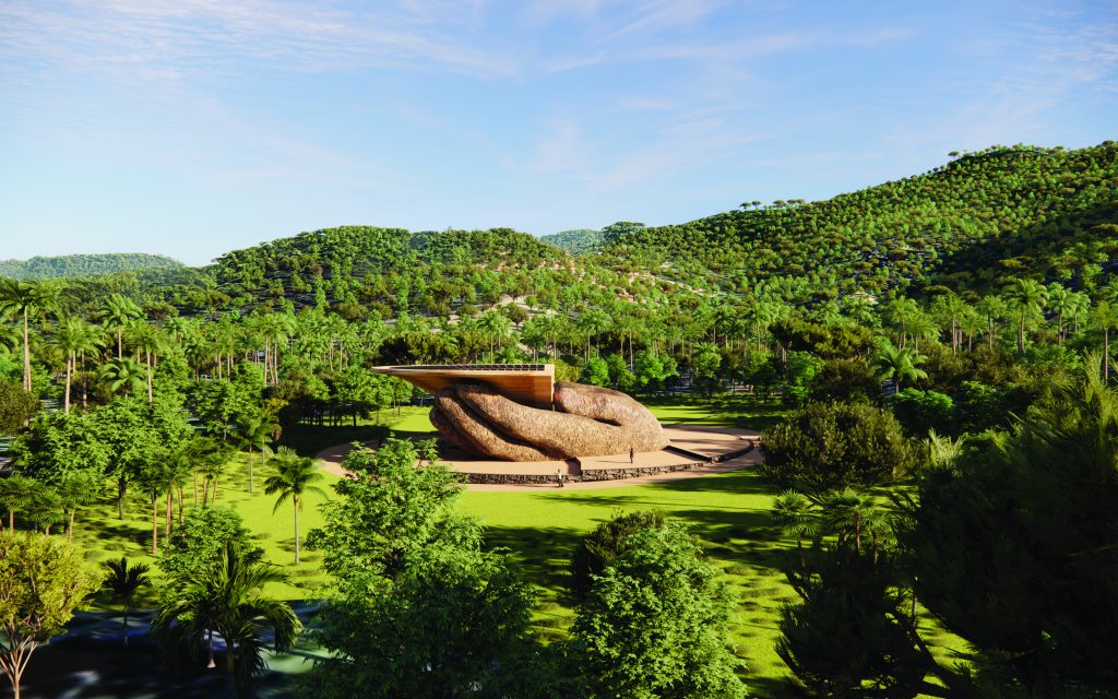 Ligavatuvuce (Hands that Offer and Uplift), by Young Kang (United Arab Emirates and Australia) incorporates solar photovoltaic, battery storage, rainwater harvesting with biofiltration, and gravity-fed distribution to produce 120 MWh of electricity and 4.5 million liters of filtered water each year. A winning submission to the Land Art Generator Initiative design competition for Fiji. LAGI 2025 Fiji is held in collaboration with the Village of Marou.