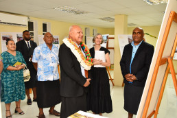 Elizabeth Monoian, LAGI Co-founder, with Ilisari Naqau, Acting Chief of Marou, Hon. Viliame Gavoka, Deputy Prime Minister of Fiji, and the Director of Fiji Arts Council, Maciusela Raitaukala.