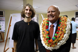 LAGI 2025 Fiji Stage 1 competition winner, Alberto Roncelli, poses with the Hon. Viliame Gavoka, Deputy Prime Minister of Fiji, after explaining the concepts behind his design, The O.
