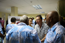 Captain Paul McCullough, the proprietor of Crystal Island Fiji, greets Marou Village residents inside the LAGI 2025 Fiji exhibition at Fiji Arts Council.