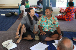 Young Kang gets feedback on his design, Ligavatuvuce, from Seru Lasa during a workshop in Marou Village.