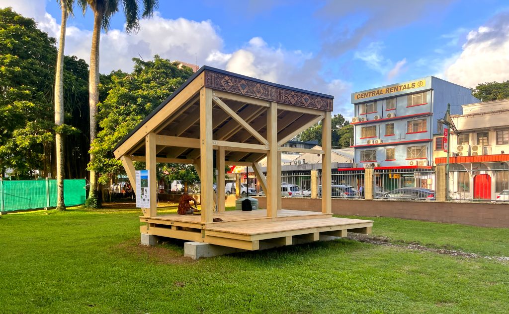 View of The O prototype from the front where the carved beam is visible. Solar panels can't be seen in this view.