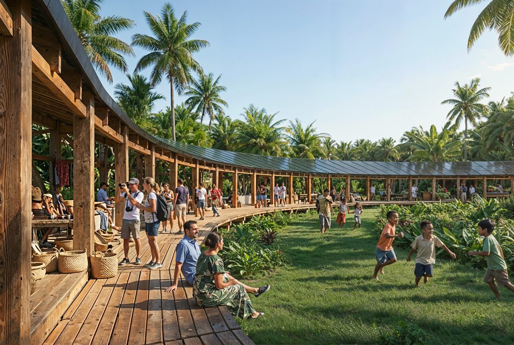 Local residents of Marou Village socialize with visitors inside The O. Children play in the center of the circle. People sit on the edge of the decking.
