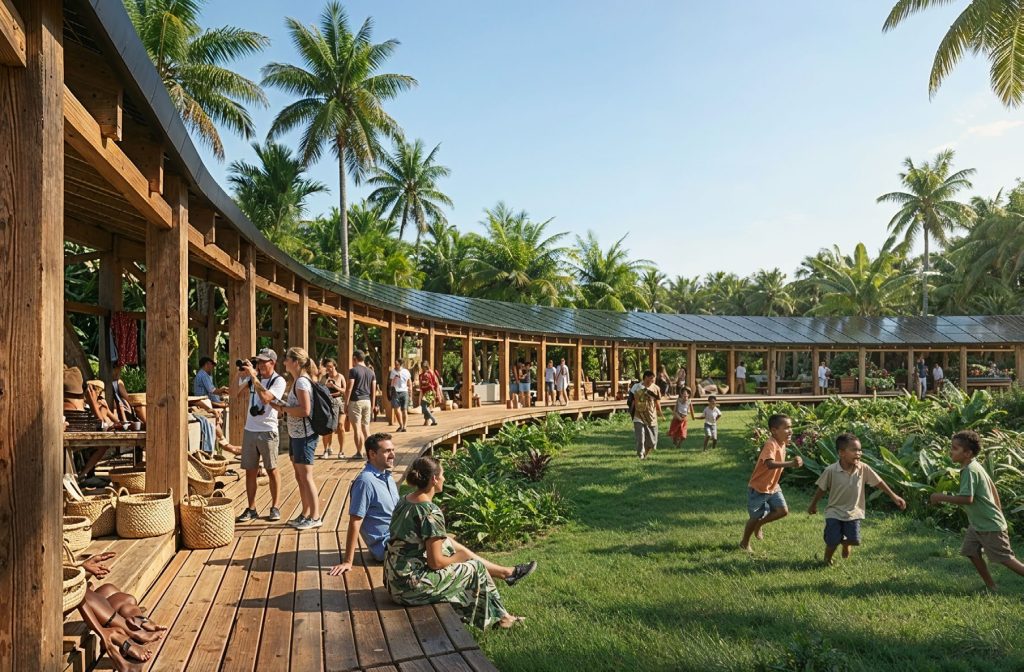 Local residents of Marou Village socialize with visitors inside The O. Children play in the center of the circle. People sit on the edge of the decking.