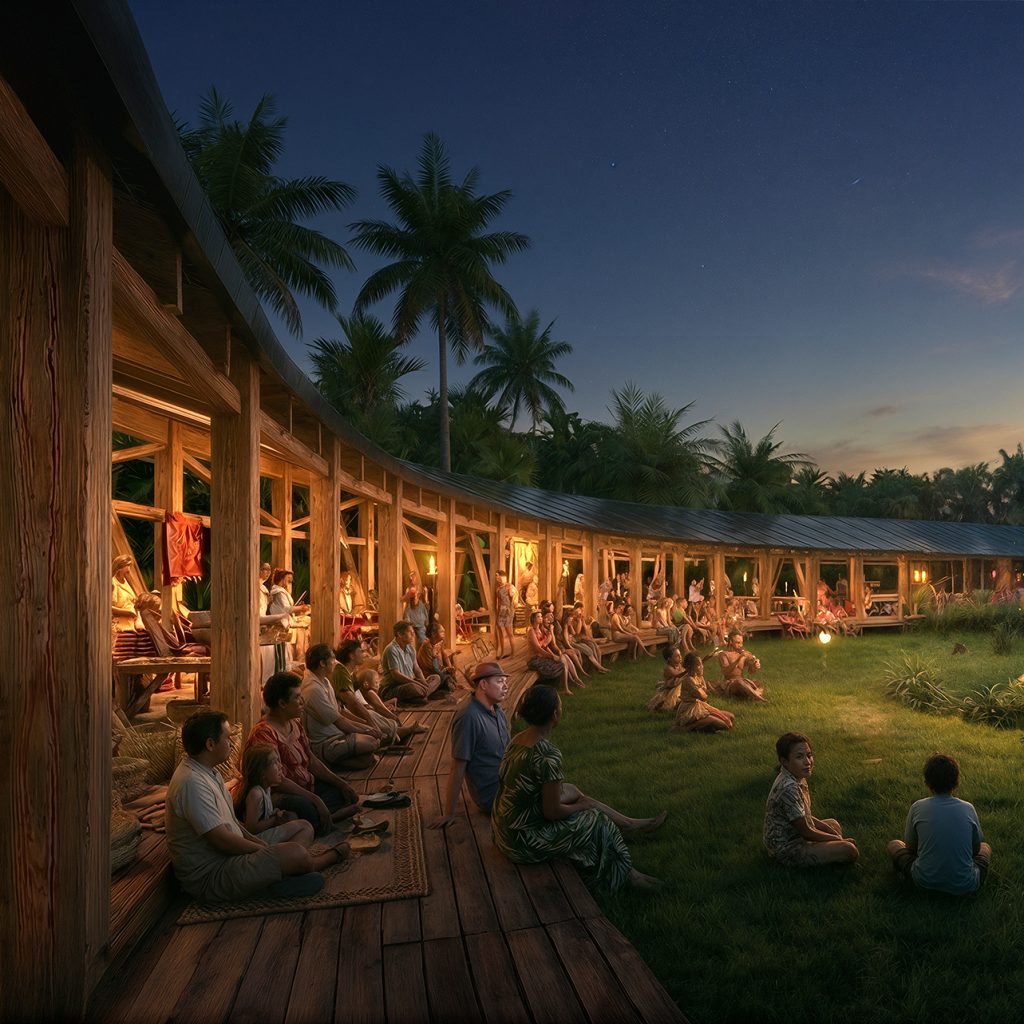 Night rendering of The O, showing visitors and residents gathered together to watch a performance in the center of the ring pavilion.