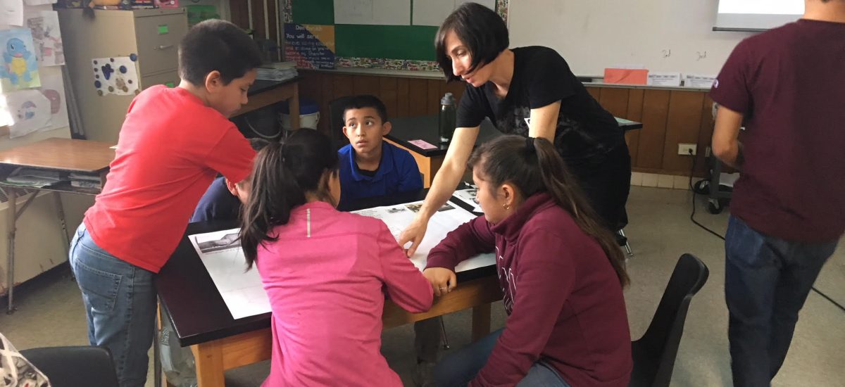 01-Land Art Generator Solar Mural-April-Design-Workshop-JT-Brackenridge_Photo by LAGI A workshop with Esperanza Peace and Justice Center with Mr. Vega’s 5th grade students at JT Brackenridge Elementary during the design process for "En Aquellos Tiempos Fotohistorias del Westside," a project of Esperanza Peace & Justice Center in San Antonio.
