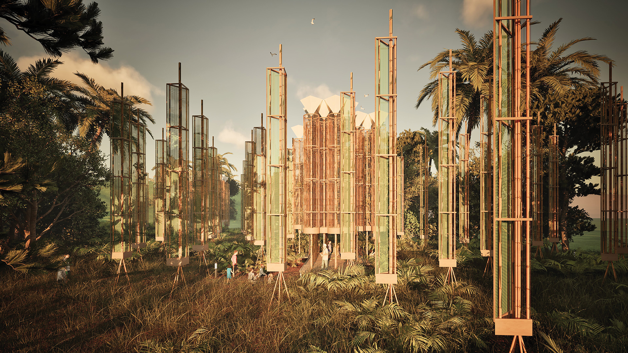 Solar Forest by Daniel Cueto Mondéjar (Belgium) incorporates solar photovoltaic semi-transparent panels (similar to Lumos) and rainwater-harvesting to produce 120 MWh of electricity and 450,000 liters of filtered water each year. A submission to LAGI 2025 Fiji, held in collaboration with the Village of Marou.