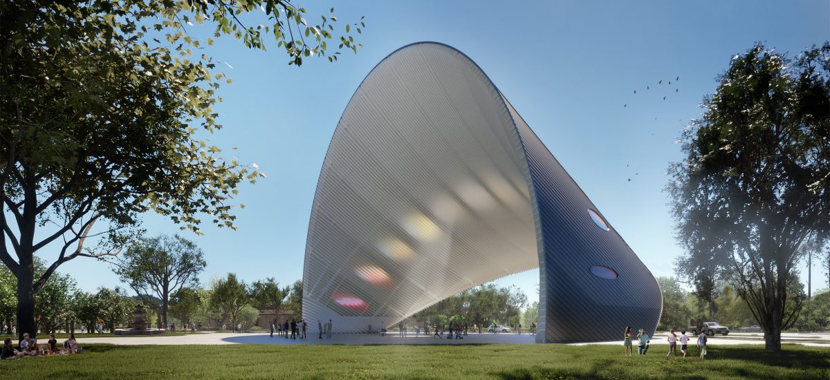 ArchOfTime The Arch keeps track of the sun as it moves across the sky, engaging visitors with a magical light display within a comfortably shaded outdoor space.
