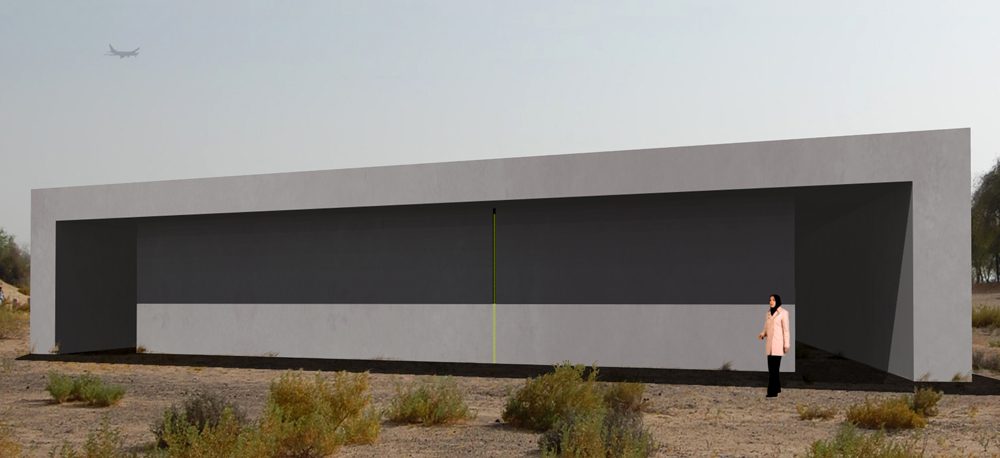 Ibn Al Haytham Pavilion Designed in 2009 by Elizabeth Monoian & Robert Ferry as a precedent idea to inspire participating design teams as they began the process of responding to the LAGI 2010 design brief, the very first open call ideas competition for large-scale works of public art that also serve as energy-generation infrastructure for cities. More information about the design is below. Above: a visitor experiences the ever-changing display in the camera obscura room. The horizontal location of the beams is used as a solar calendar. Download the PDF design boards. View from the outside with desert brush in the foreground. Simple symmetrical pavilion form with shadow overhand and an opening on either side.