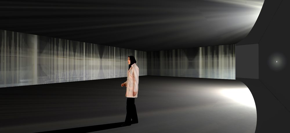 Ibn Al Haytham Pavilion Designed in 2009 by Elizabeth Monoian & Robert Ferry as a precedent idea to inspire participating design teams as they began the process of responding to the LAGI 2010 design brief, the very first open call ideas competition for large-scale works of public art that also serve as energy-generation infrastructure for cities. More information about the design is below. Above: a visitor experiences the ever-changing display in the camera obscura room. The horizontal location of the beams is used as a solar calendar. Download the PDF design boards. View from inside the viewing room where the camera obscura projects the light field onto the wall inside the pavilion.