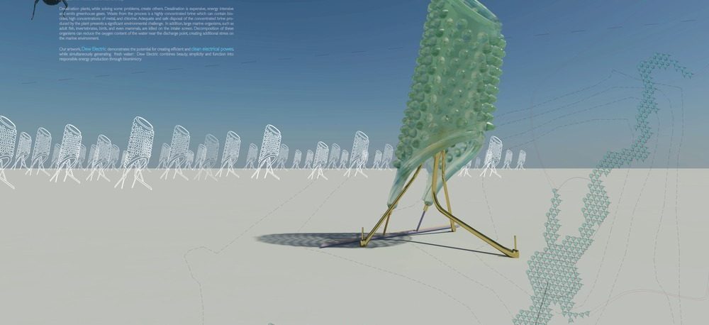 LAGI2010-900dew_1pdf Green dimpled artwork in the desert angled and resting on three metal legs: DEWelectric, a submission to LAGI 2010 Dubai/Abu Dhabi Joshua Brevoort, Lisa Chun, Ian Campbell, and Jennifer Dixon Artist Location: Seattle, Washington Energy Technologies: pneumatic condenser, wind turbine Annual Capacity: 11,875 MWh (475 water stalks at 25 MWh each) and 84 million litres of potable water