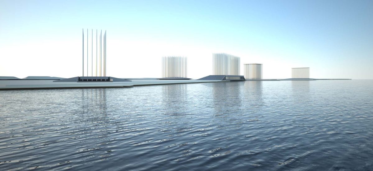 LAGI2010-SolarSoundField Rippling water and tall thin bristly towers on the horizon.