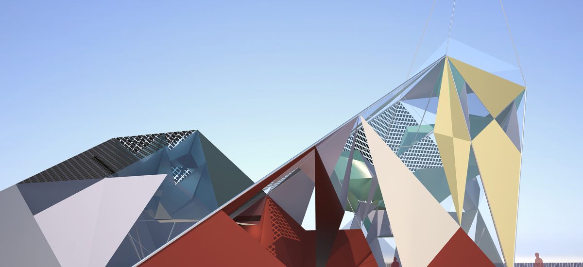 LAGI2010-Tetras Colorful yellow, red, and grey triangle polygons create a complex sculpture.