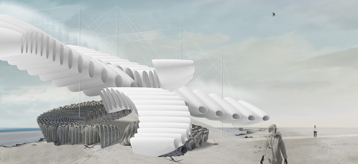 LAGI2010-Windstalk A woman walks in the desert facing a sculpture of white cone shapes spiraling into the sky.