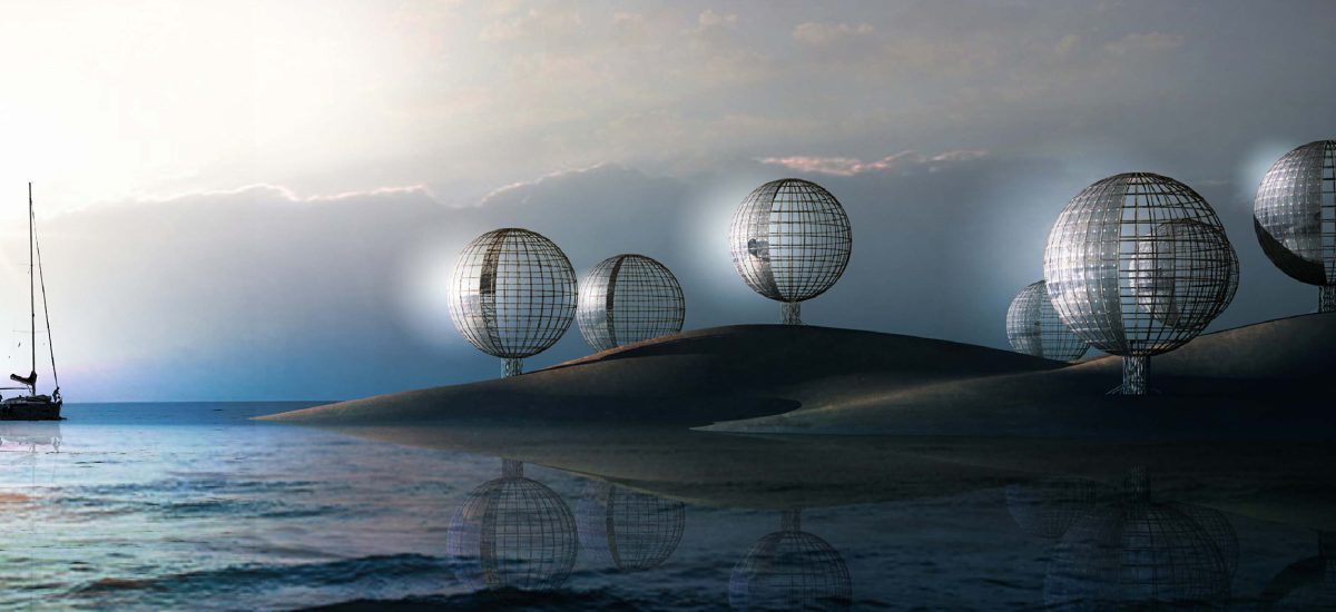 G:PLACELAND ARTboards Model (1) Large orbs reflecting sunlight on the shoreline. Off to the left a sailboat with sails down sits in calm waters.