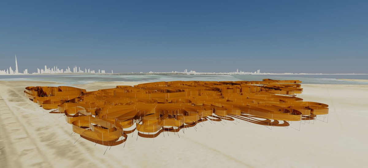 LAGI2010-martina_decker1 Rust red snaking sculpture at a massive scale in the desert with the dubai skyline in the background.