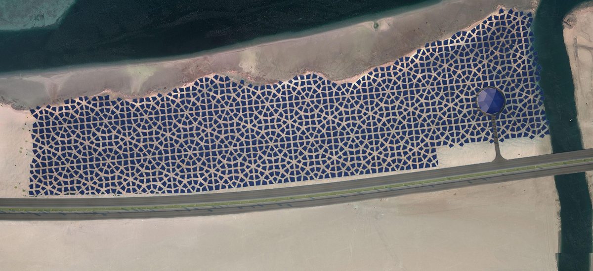 LAGI2010-oleg_lobykin01 Satellite view of a solar field where the modules are designed to reveal an Arabesque pattern.
