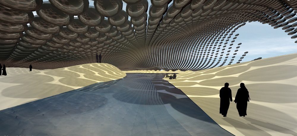 LAGI2010-solaris Floating pillows with solar modules embedded within them. Below a path in the desert with a couple walking.