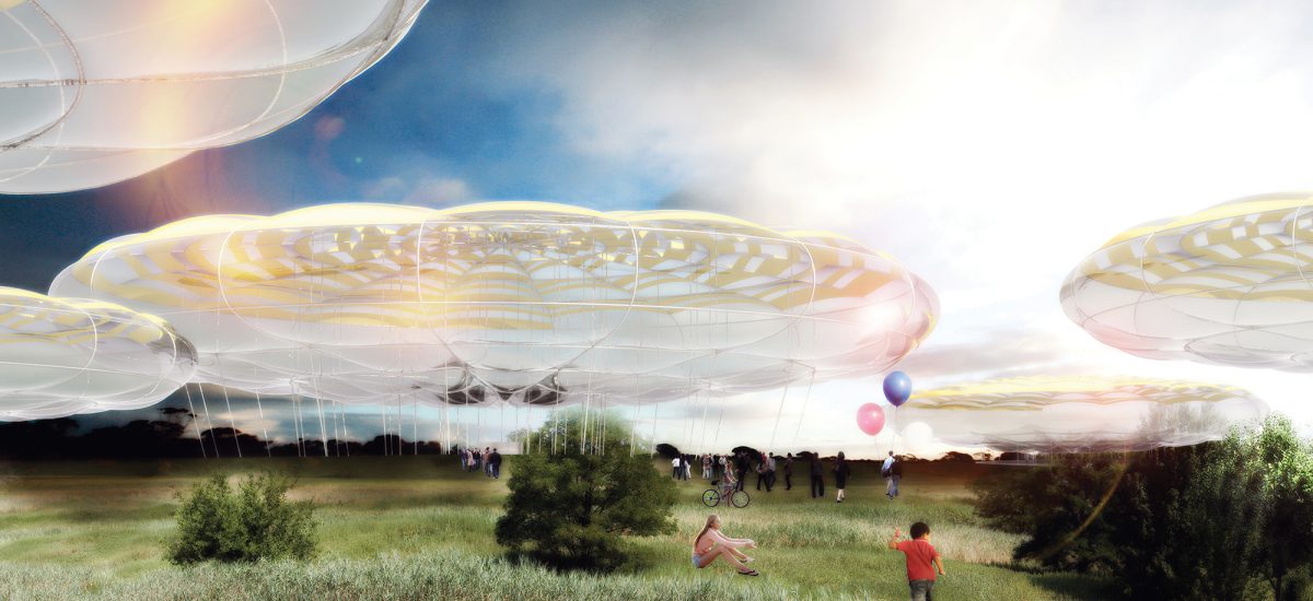 See-through cloudlike forms set up on stilts above Freshkills Park