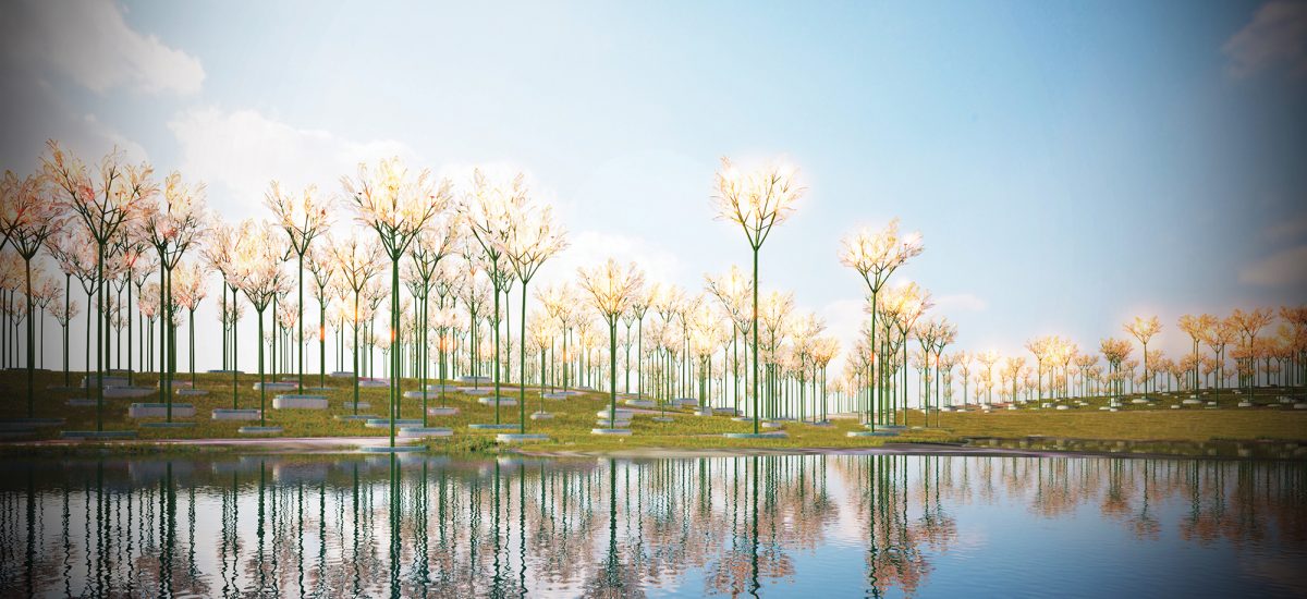 tall shiny tree-like sculptures rise to the sky and are reflected in the water of Fresh Kills.