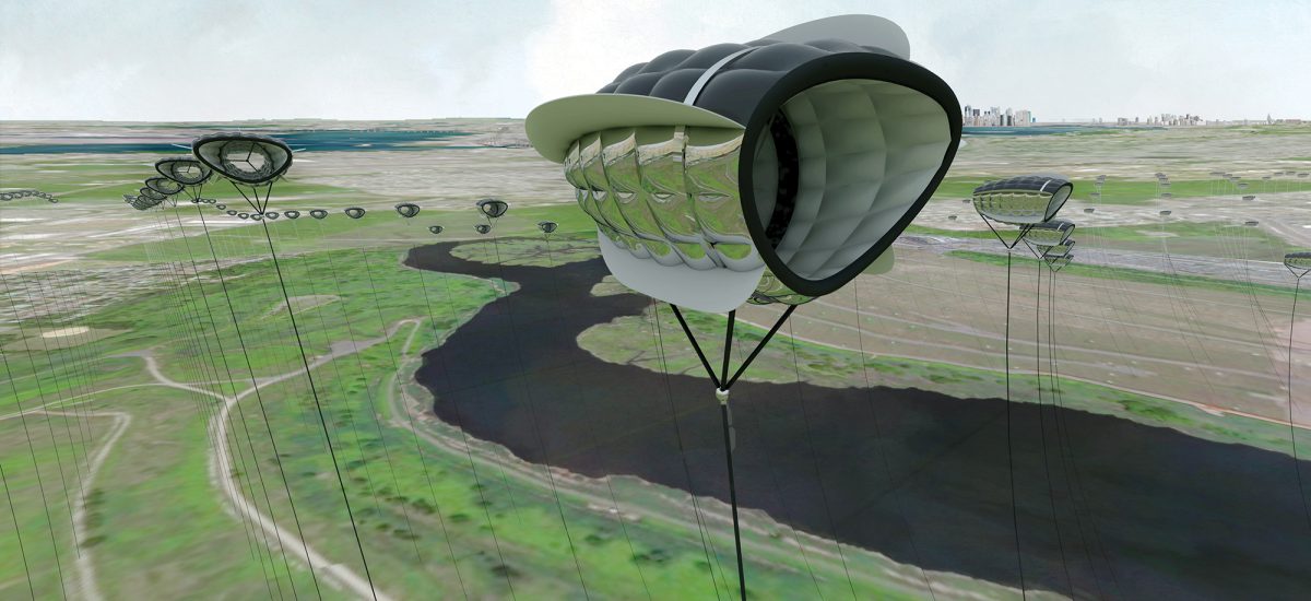 A blimp-like device soars far above the ground below collecting wind. In the distance many similar objects appear.