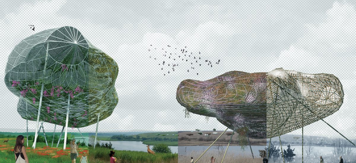 Cloudlike amorphous shapes sit on stilts in the park with the view from the top of the hill to the river below.