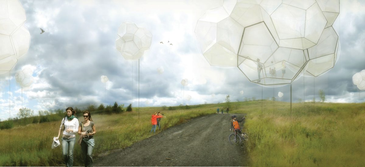 Clusters of hexagonal spheres seem to float above the park.