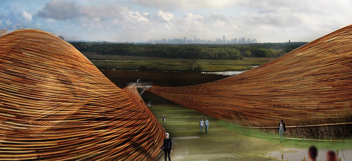 Wooden slats create large landforms that sweep off to the horizon looking towards the small skyline of Manhattan.