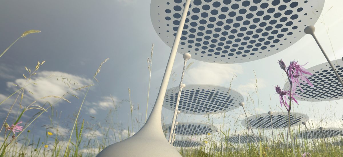 White saucers supported by three legs with bulbous feet. Solar panels are visible as a pattern within the saucer. A field mouse sips from a drinking fountain on the closest foot.