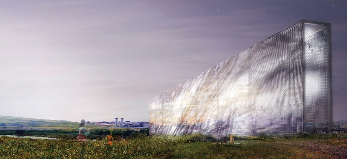 Shimmering wall of piezoelectric solar plates functions as a bridge across the hills at Freshkills Park.