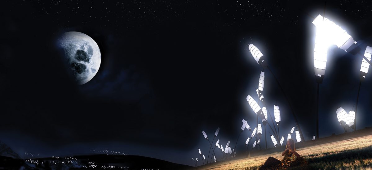 Night scene with stalk-like sculptures illuminating a field.