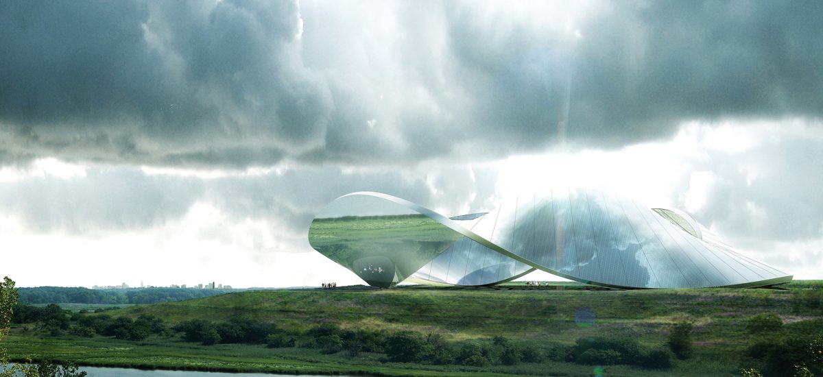 Mirror-like mobius sculpture sits on a hill with a river in the foreground and the sun breaking through clouds.