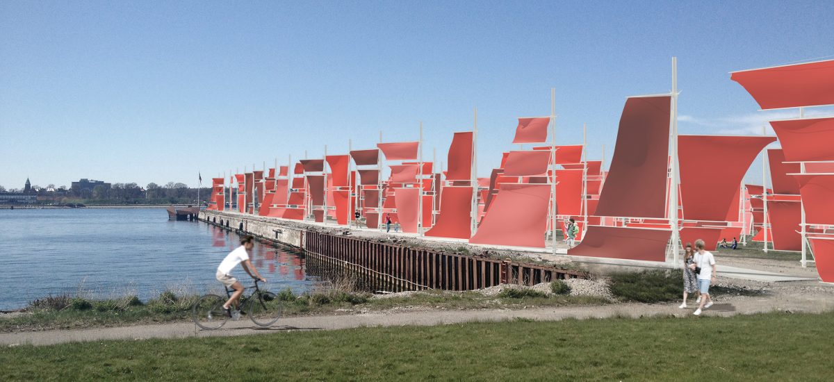 Red flags that line the park and invite the audience to walk inside the energy generation.