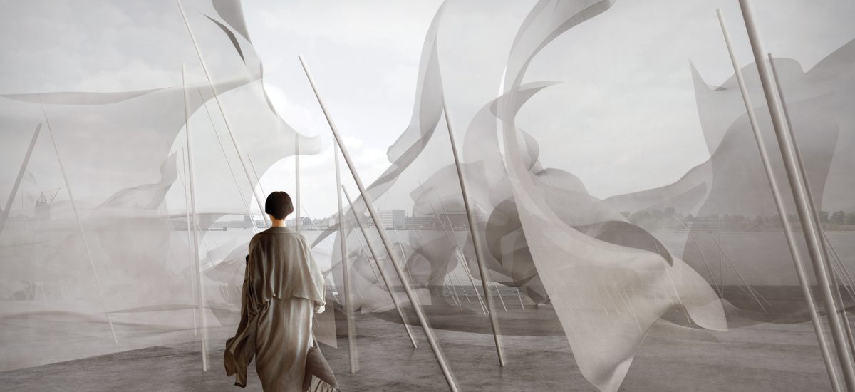 ephemeral fabric waves in the wind and invites you to move through the art installation