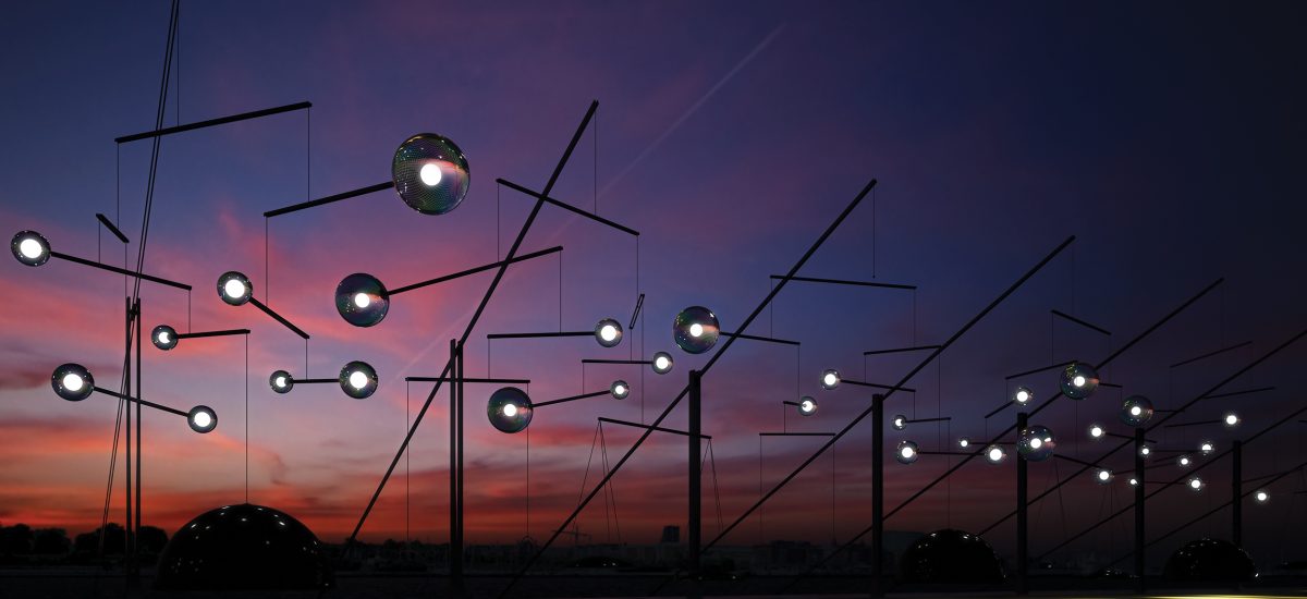 The artwork has two arms with buoys suspended at the ocean side. The movement of the attached weight elongates and contracts Electroactive Polymer Artificial Muscle (EPAM).