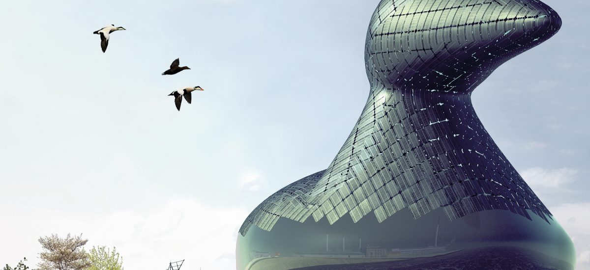 Large artwork that sits in the water shaped like a duck and covered in solar panels