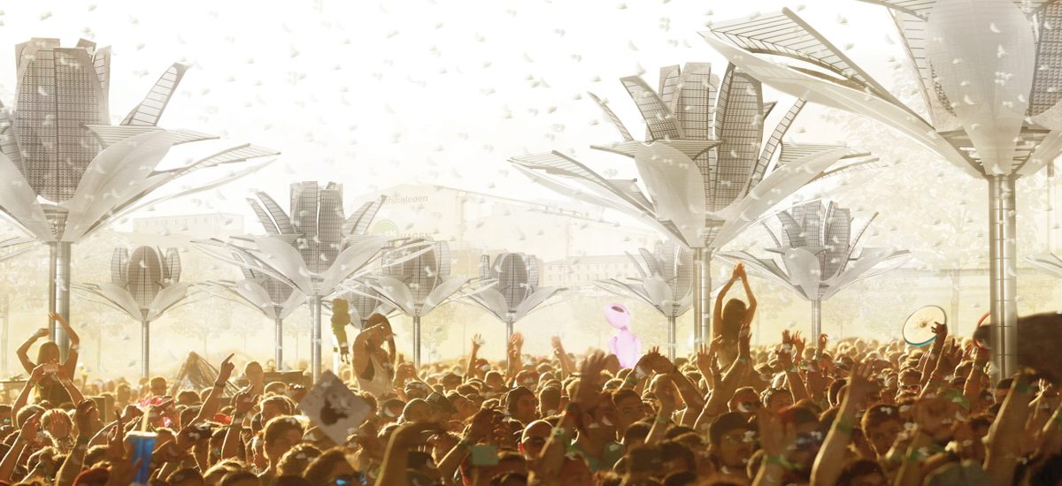 a large grouping of artworks that resemble blossoms in the landscape.