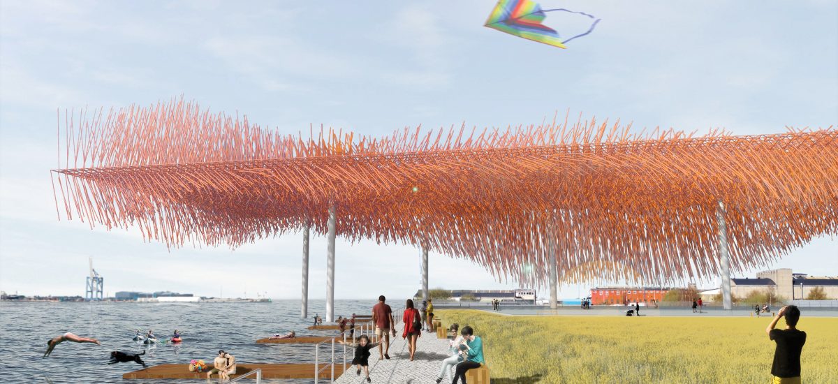 Super Cloud is made up of pliable carbon fiber tubes. A steel space truss structure (270 meters x 60 meters) lifts from the ground and anchors approximately 14,500 tubes (ranging from 2 meters to 10 meters). Half of these tubes are fastened to the top of the structure while the other half hang from the bottom. The varied sizes of circular, sectioned tubes capture the ever-changing direction of the wind.