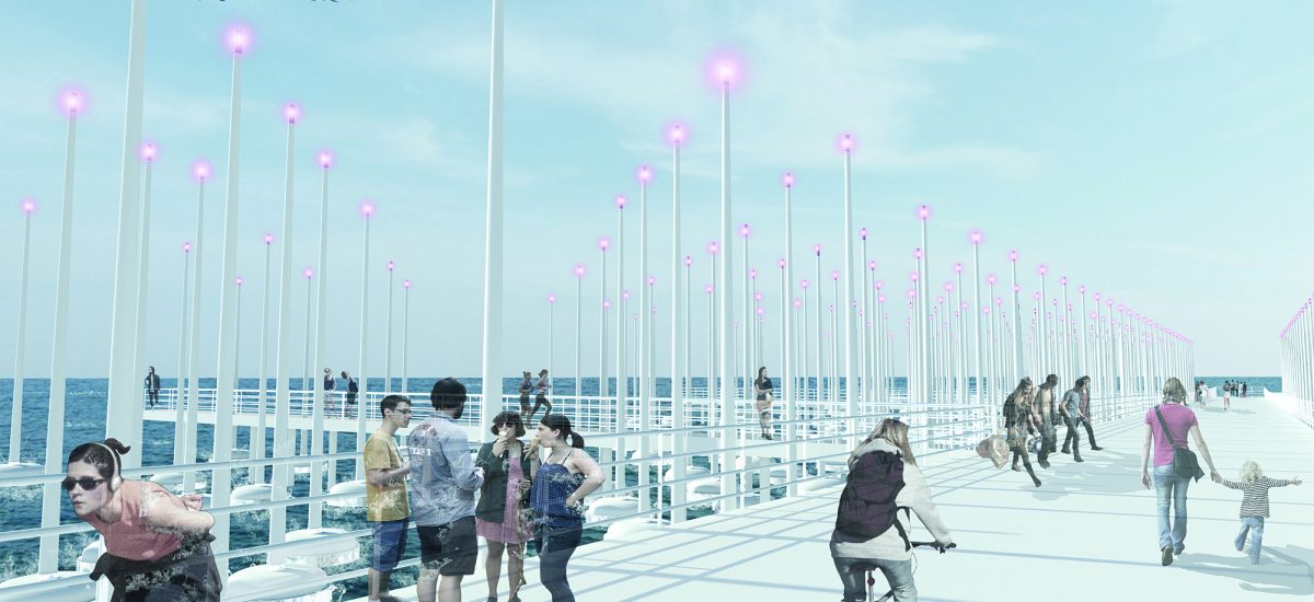 2000 Lighthouses Over the Sea Continuing the playful atmosphere of the Santa Monica Pier, and inspired by the 2,000 wooden piles below, 2000 Lighthouses Over the Sea proposes 2,000 new columns that illuminate the horizon to the rhythm of the intensity of the waves and provide renewable energy to the pier and the city.